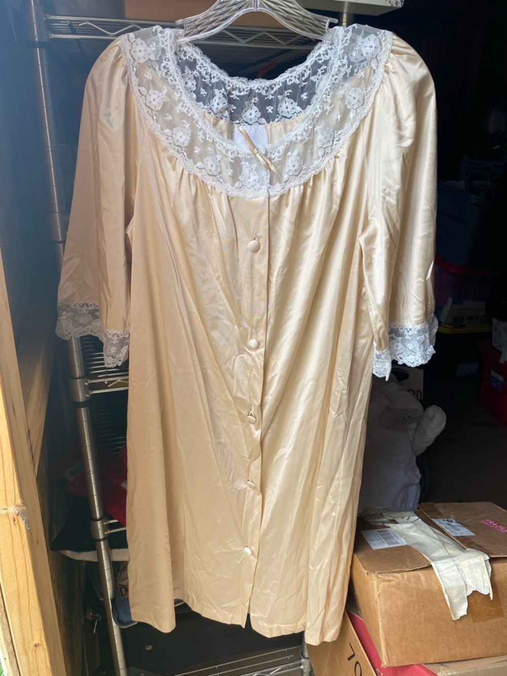 Vintage Jc Penny Women's Cream Lace-Trim Satin Nightgown with one pocket.
